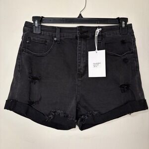Kancan Womens Size 10 Shorts Black Distressed High Rise‎ Cuffed Denim Grunge NWT
